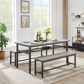 Oversized dining table set for 6, 3-Piece Kitchen Table with 2 Benches, Dining Room Table Set for Home Kitchen, Restaurant, Rustic Grey